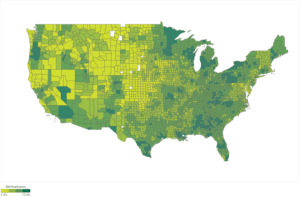 green shaded demographic layout of the United States that depicts a non-uniform growth in post-acute care across the country.