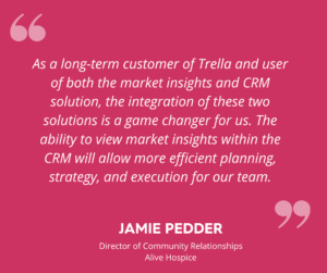 quote in white text against pink background: "as a long term customer of Trella (Health) and user of both market insights and CRM solution, the integration of these two solutions is a game changer for us. The ability to view market insights within the CRM will allow more efficient planning, strategy, and execution for our team.