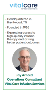 overview snippet of Jay Arnold from Vital Care Infusion Services, including details about the company in black text, Vital care logo, photo of Jay Arnold and his position in green text