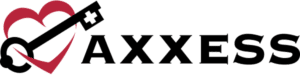 Axxess' logo with a black key and a red heart encasing it with the name "AXXESS" in black text