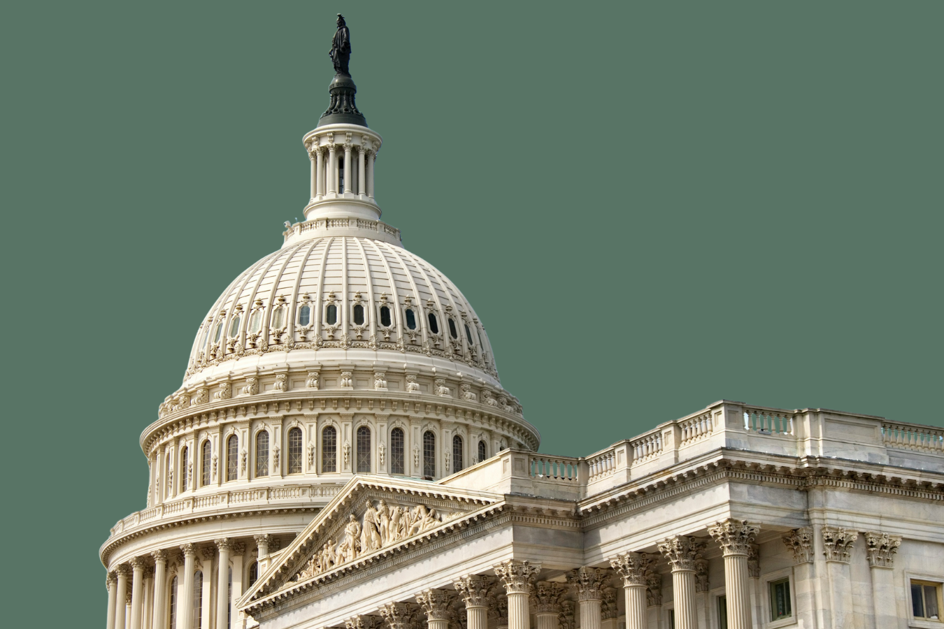 The dome and upper facade of the United States Capitol building against a plain green background.