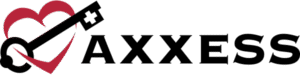 Axxess' logo with a black key and a red heart encasing it with the name "AXXESS" in black text