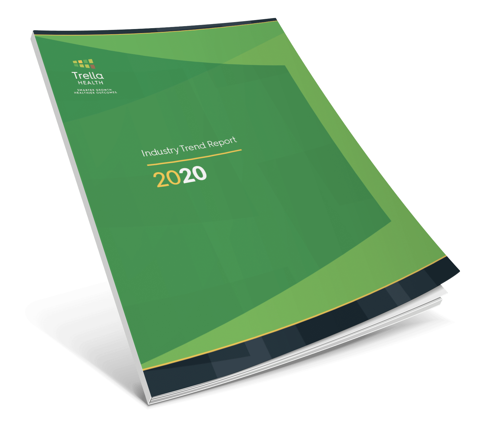 A green booklet titled "Industry Trend Report 2020" from Trella Health, Member Edition, displayed against a white background.