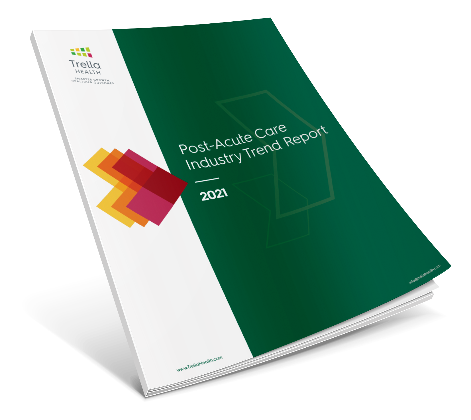 A 2021 report titled “Post-Acute Care Industry Trend Report” by Trella Health, featuring a dark green cover and abstract geometric design.