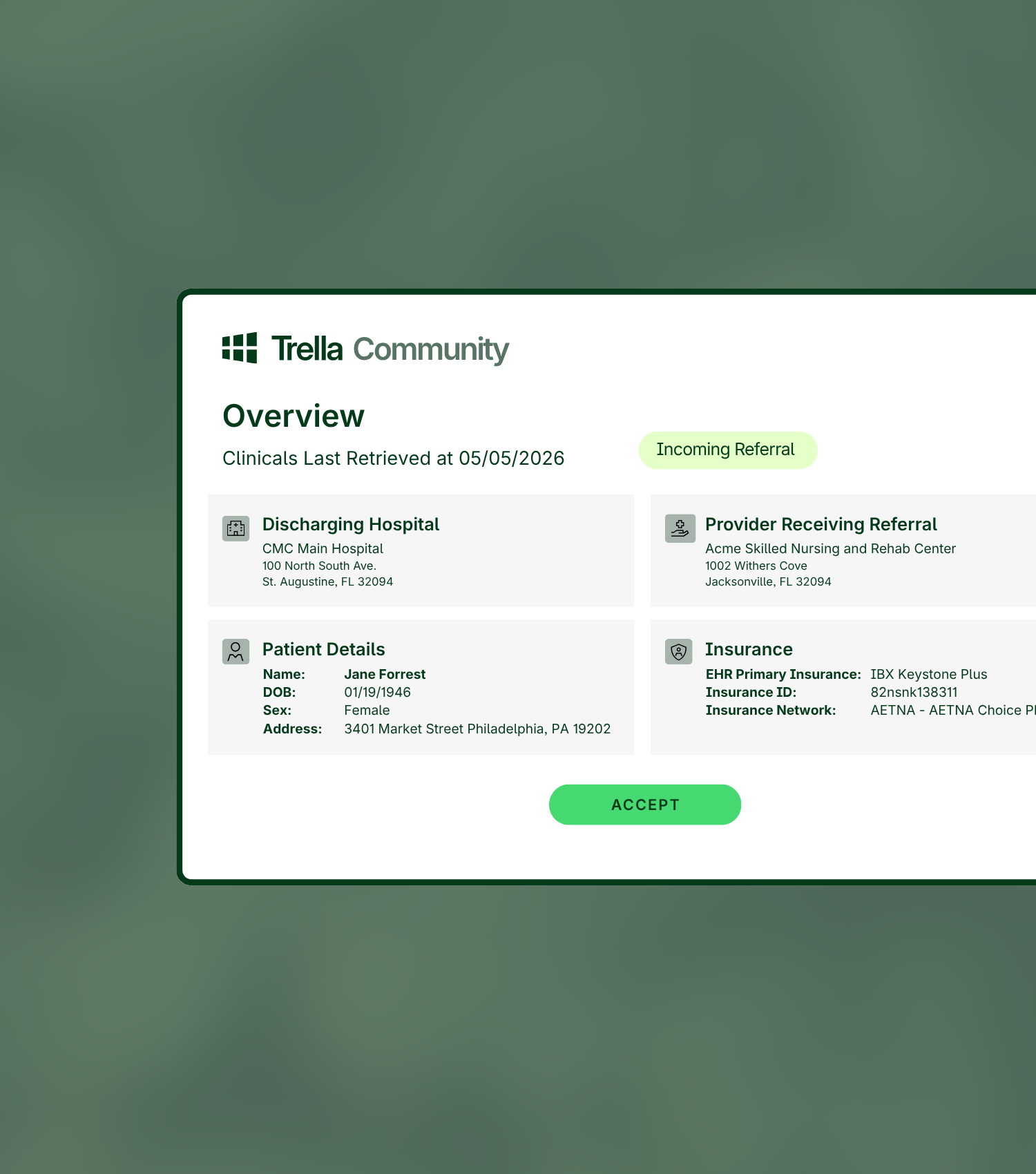 A screenshot of Trella Referral Management displays a patient referral overview with details on hospital, patient, provider, insurance, and post-acute competitive insights, last retrieved on 05/05/2026.