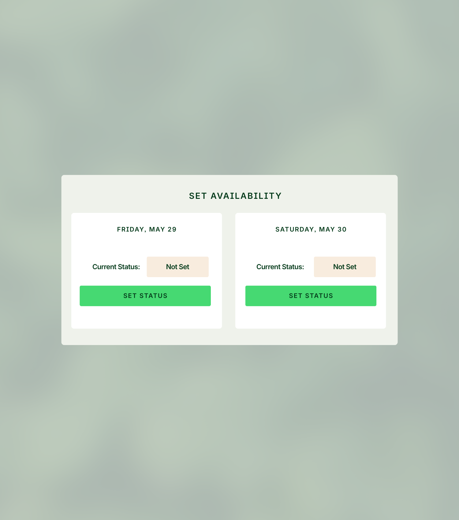 A user interface screen displays post-acute competitive insights, showing availability status for Friday, May 29 and Saturday, May 30—both labeled "Not Set" with "Set Status" buttons below each date.
