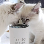 Two light-colored kittens drink from a white container labeled "Trella Health.
