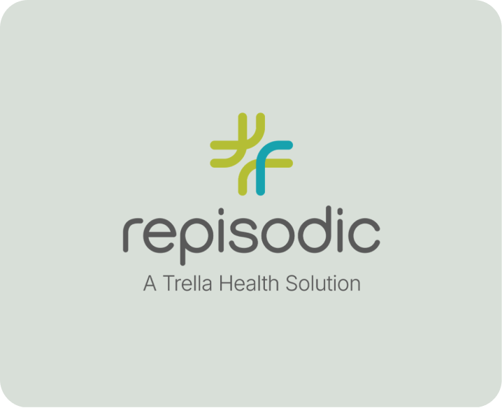 The Repisodic logo with abstract green and blue lines above the text "repisodic" and "A Trella Health Solution" on a light gray background.