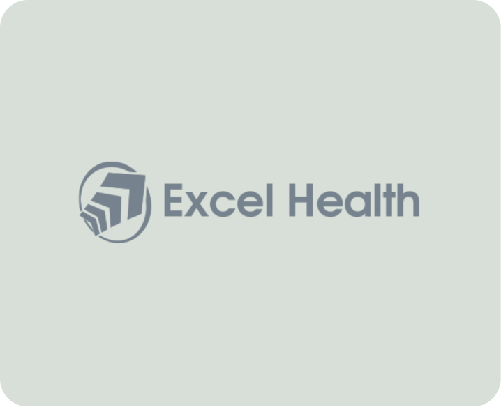 Excel Health logo with stylized arrows forming a circular shape to the left of the company name in gray text on a light gray background.