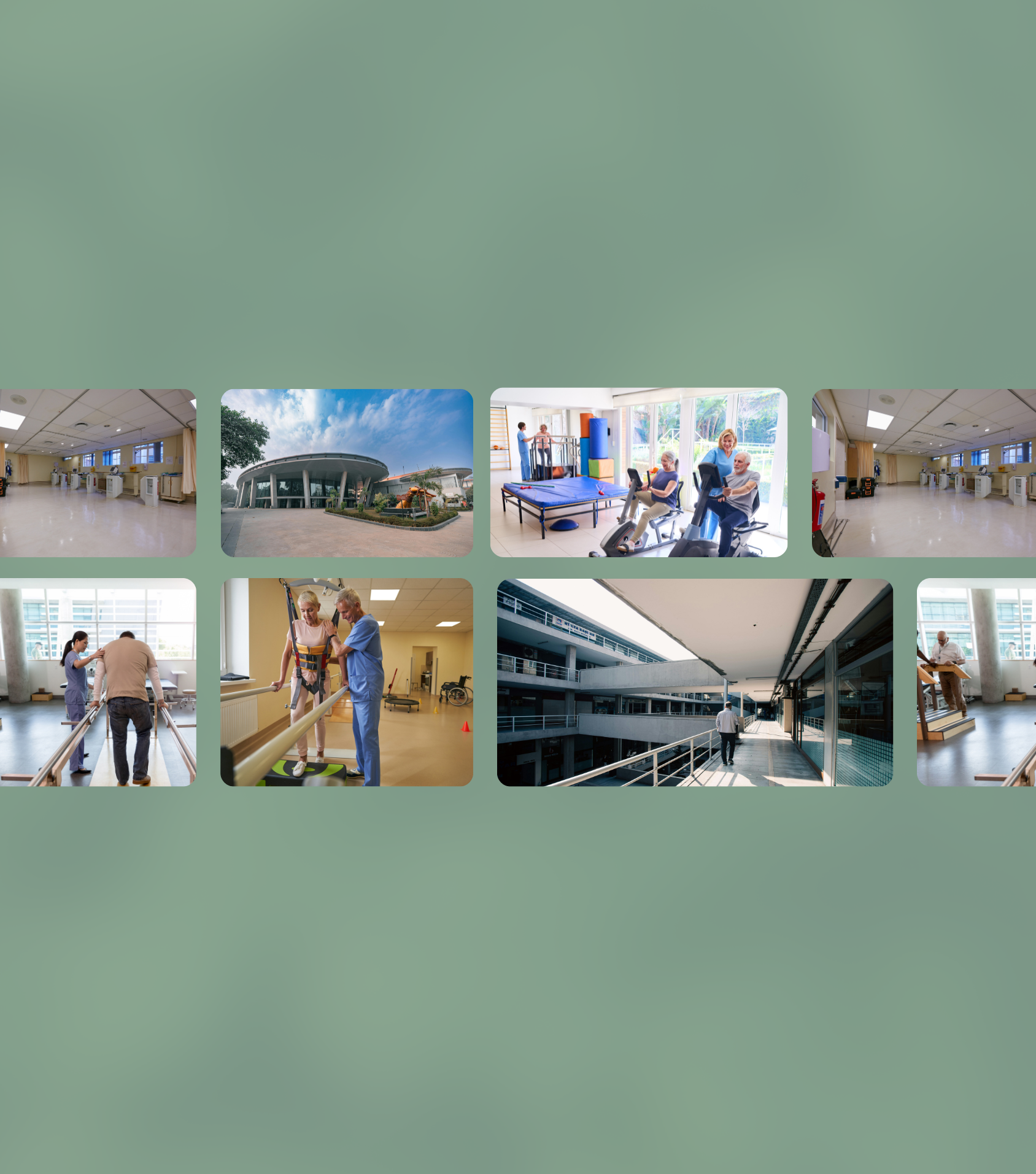 A collage showing elderly people in a rehabilitation center, exercising with staff, and images of the facility’s interiors and exteriors, offering post-acute competitive insights into modern senior care environments.