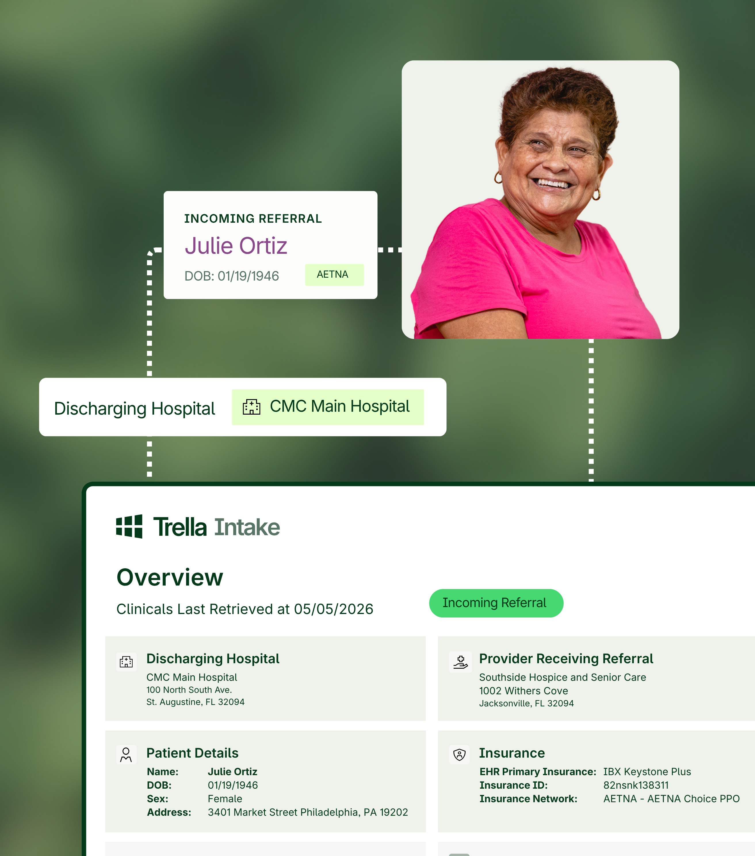 A woman smiling is shown next to referral information, hospital details, patient data, and insurance info on a healthcare referral management dashboard.