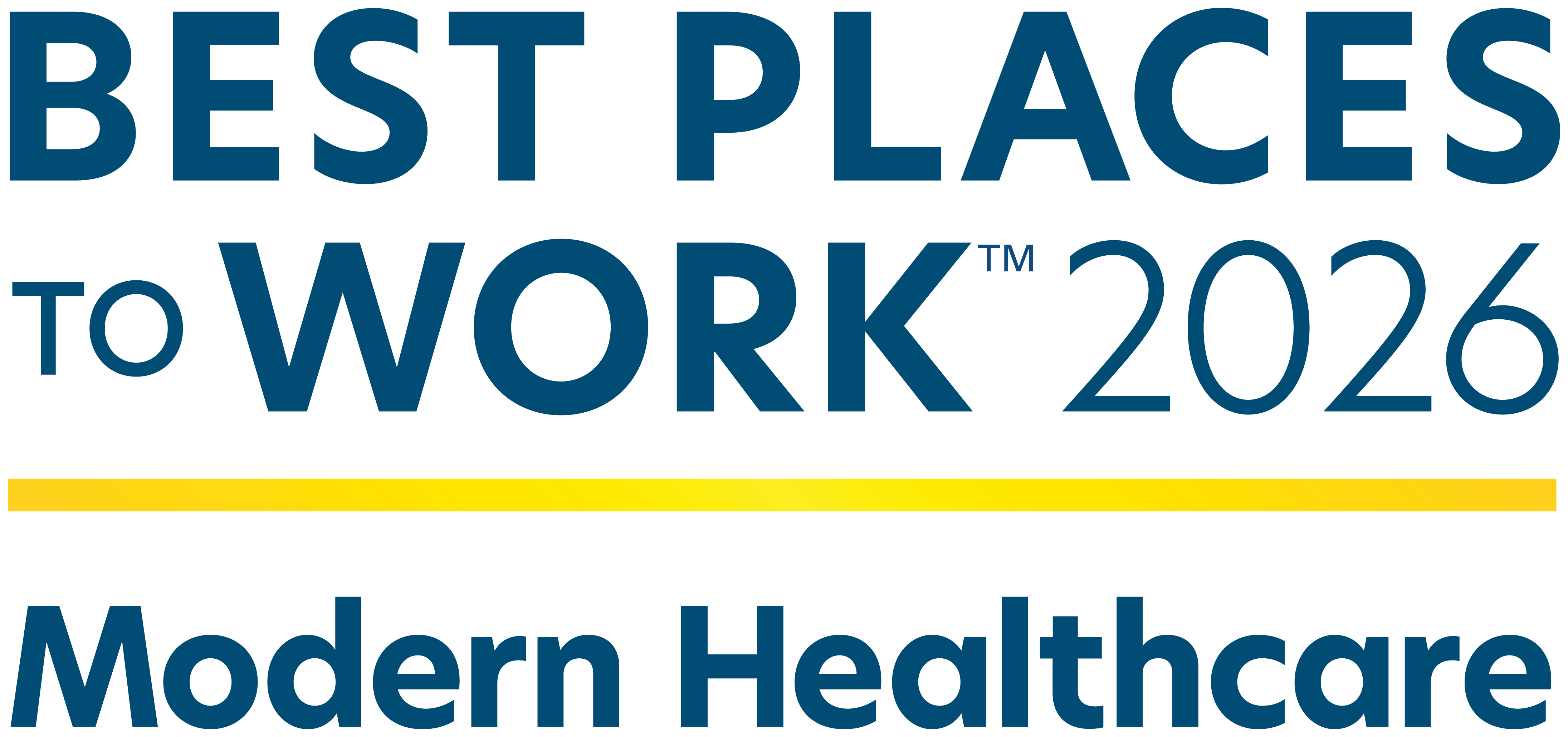 Best Places to Work 2026 Modern Healthcare logo with bold blue text and a yellow horizontal line.