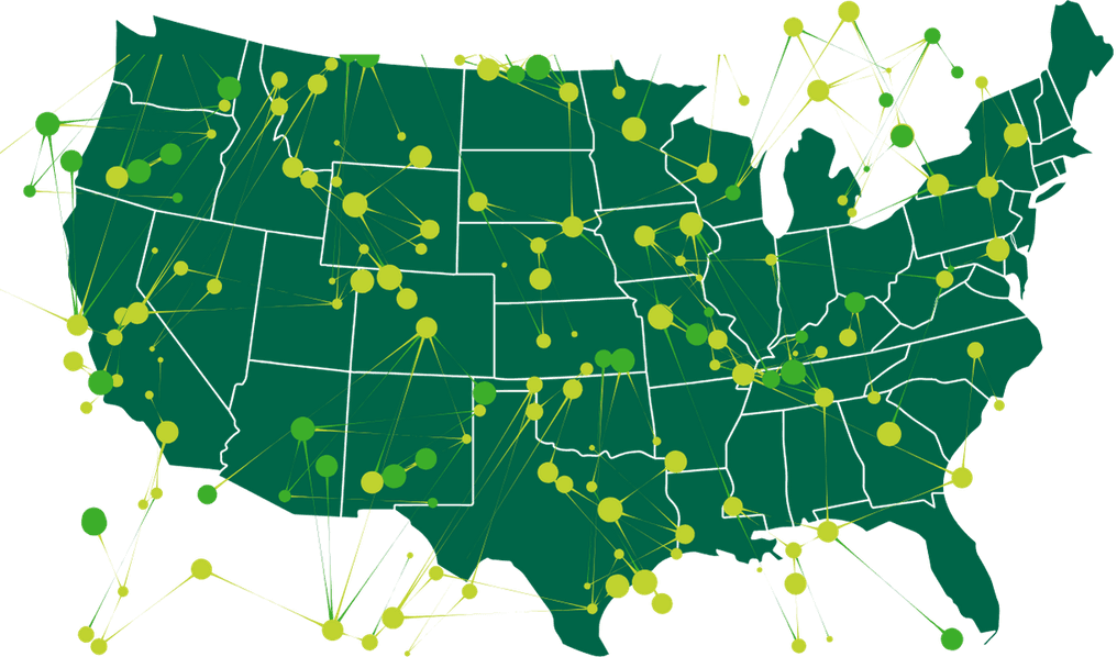 Map of the United States with green and yellow circles of varying sizes connected by lines, indicating networks or connections across different locations.