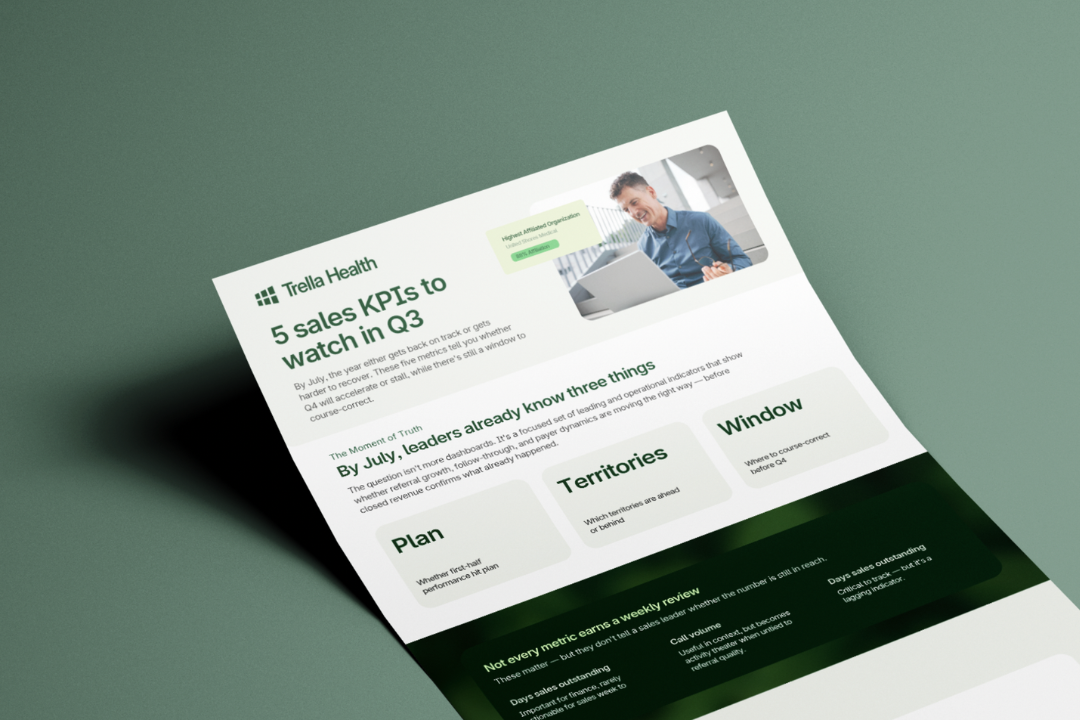 A printed Trilella Health document on a desk titled “5 sales KPIs to watch in Q3,” featuring text, green accents, and a photo of a man working on a laptop.