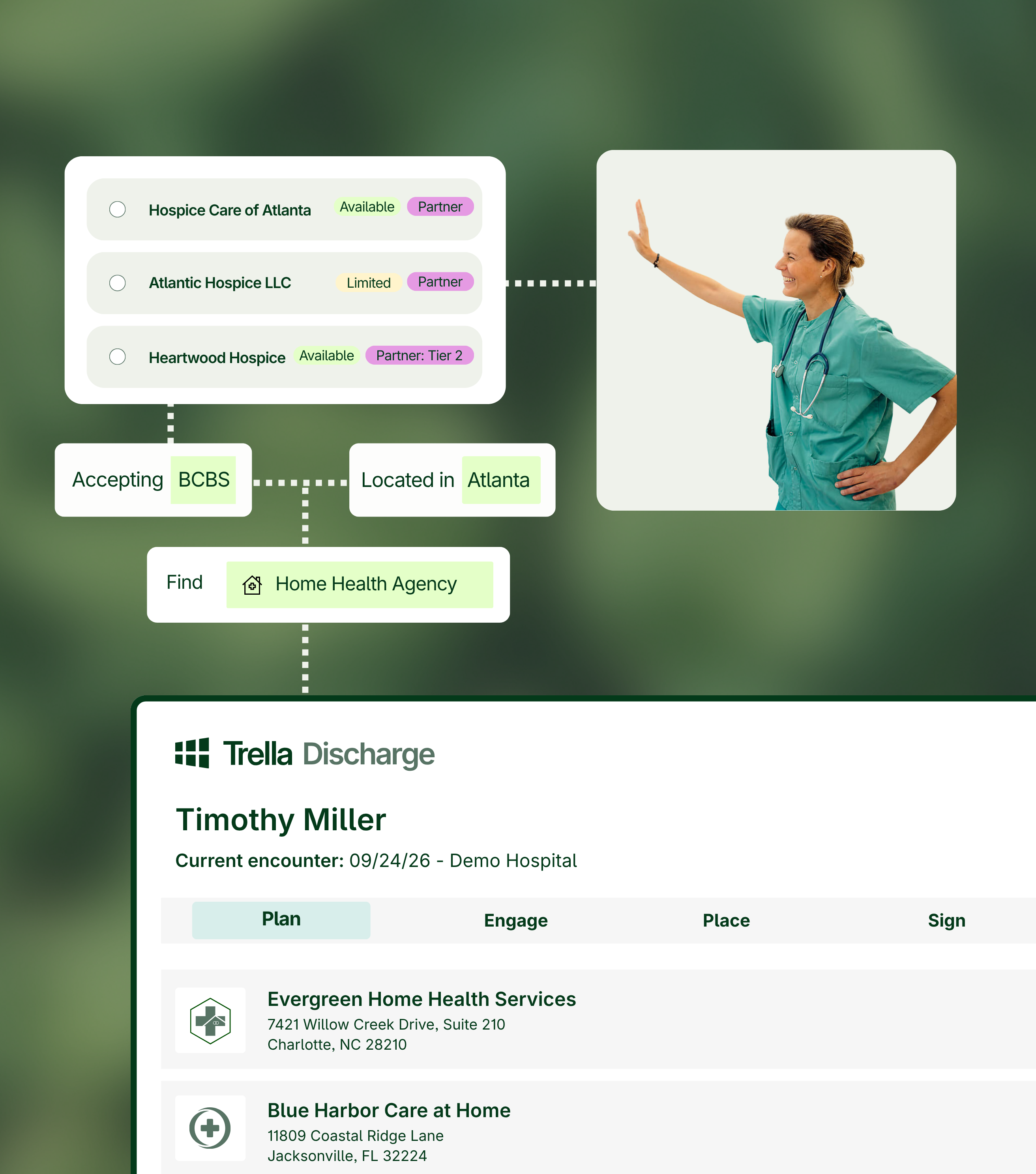 A nurse gestures toward a list of available senior care facilities and related search filters on a digital platform, with a patient discharge summary shown below.