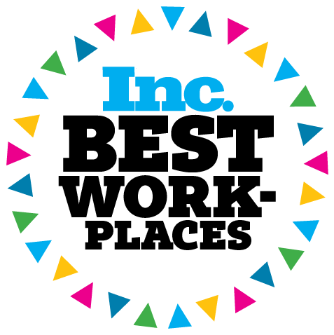 Inc. Best Workplaces logo with the text surrounded by a circular border of colorful triangles.