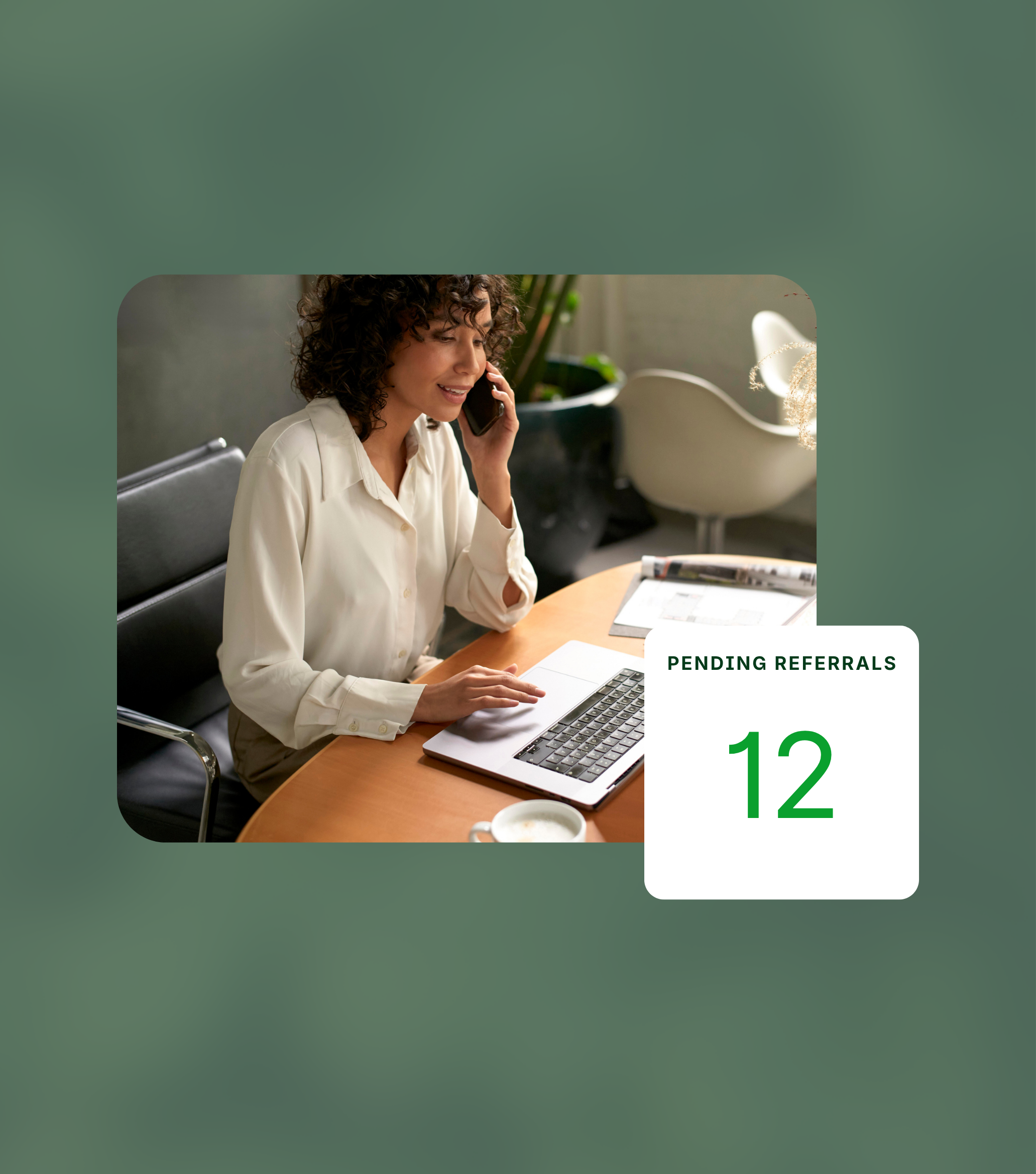 A woman sits at a desk talking on the phone and using a laptop. An overlay shows "Pending Referrals: 12" in green text, reflecting her focus on managing post-acute competitive insights efficiently.