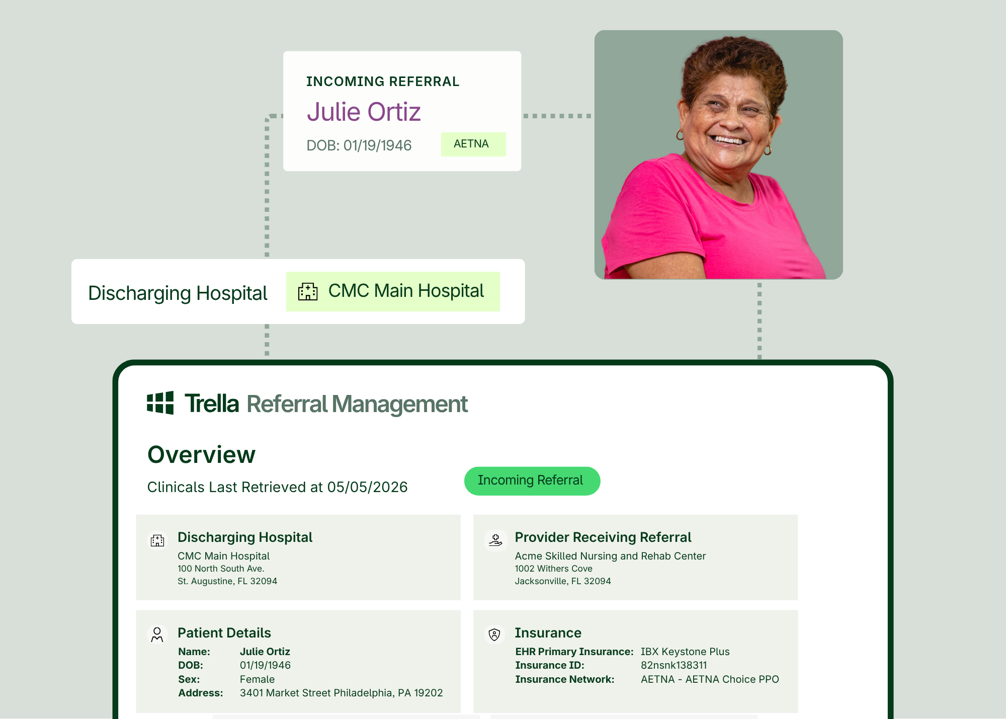 Dashboard displaying a patient referral for Julie Ortiz from CMC Main Hospital, with her photo, hospital and insurance details, plus post-acute competitive insights to support care decisions.