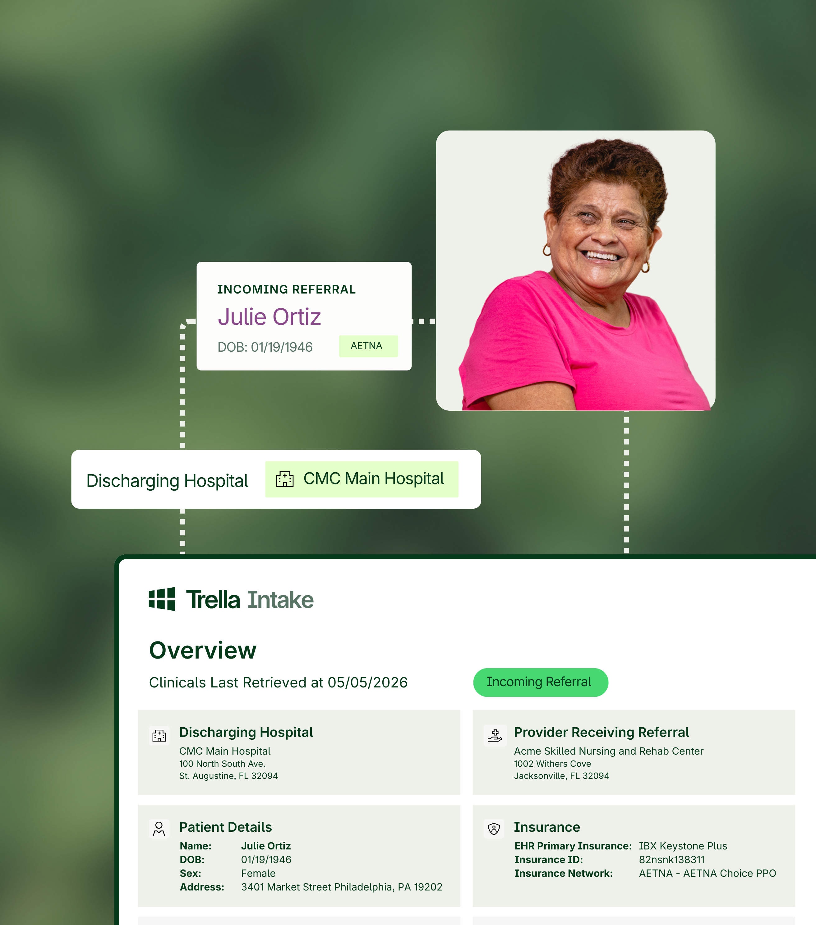 A smiling older woman is pictured above a digital referral management dashboard, enhanced by skilled nursing software, showing her hospital and insurance information.
