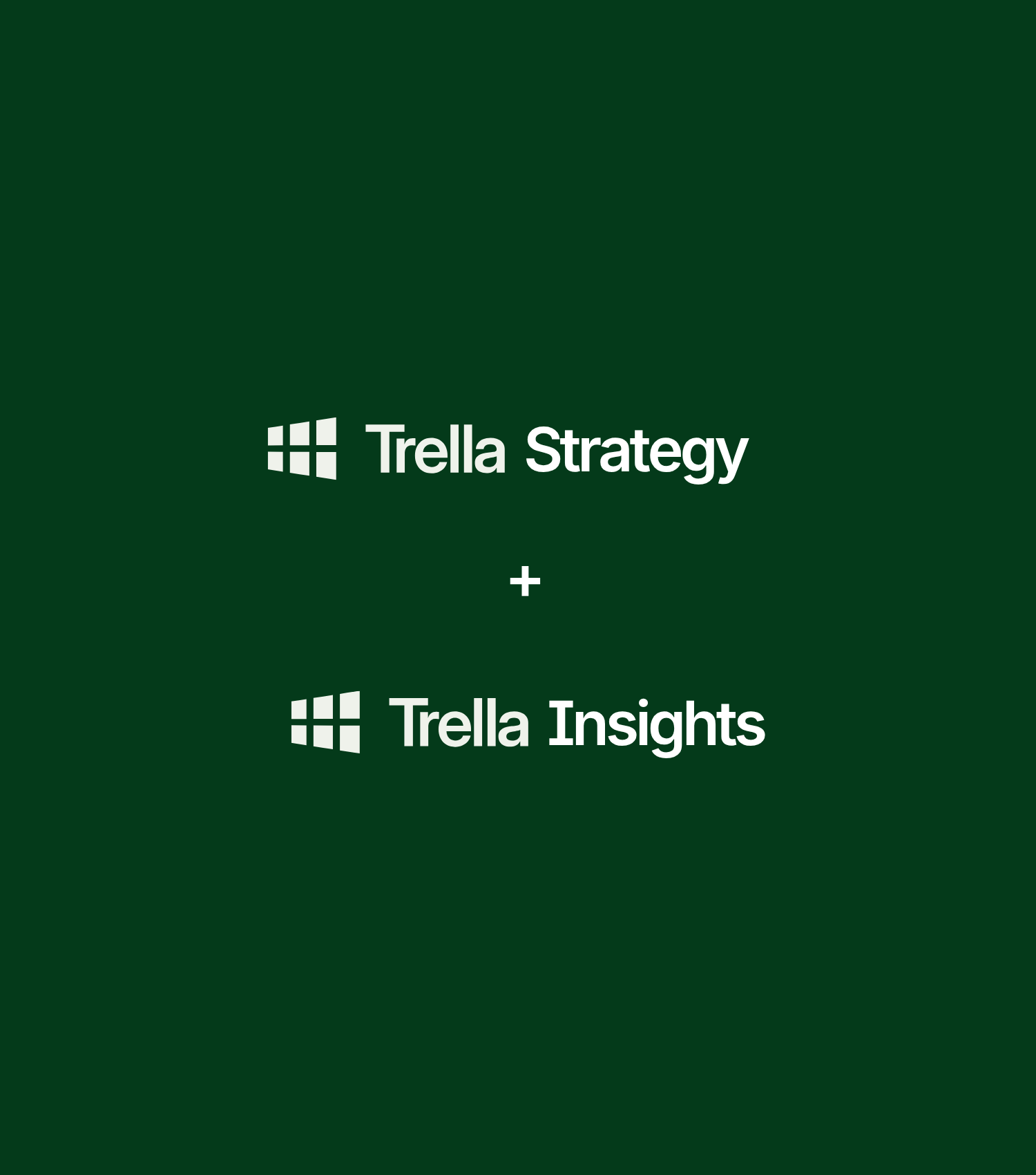 White text on dark green background reads “Trella Strategy + Trella Insights” next to square grid logos, with one set above the other.