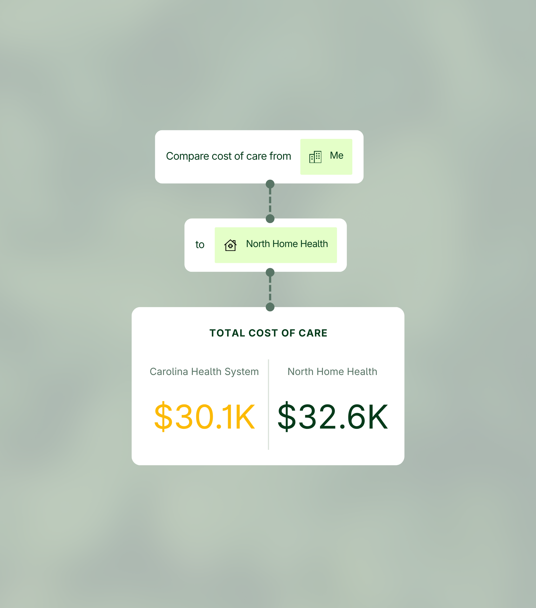 Flowchart comparing the total cost of care: Carolina Health System at $30.1K and North Home Health at $32.6K.