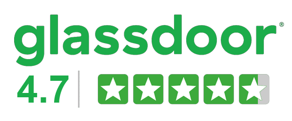 Glassdoor logo above a 4.7 rating out of 5 stars, with four full stars and one partially filled star.