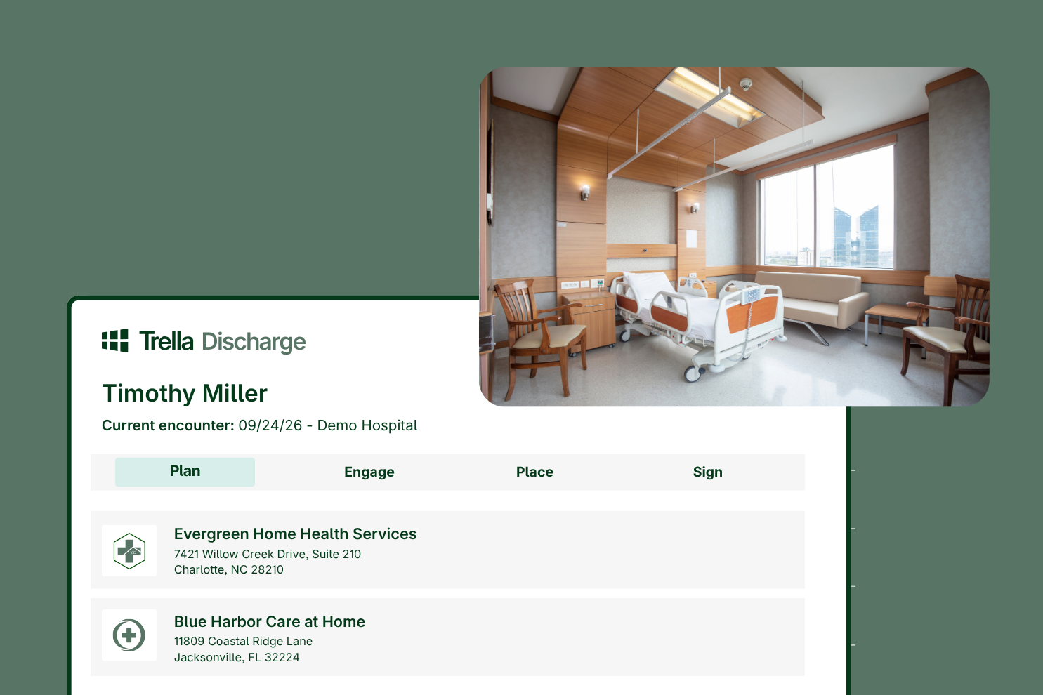 Hospital room with two empty beds and chairs, overlaid with a patient discharge summary showing home health service options and addresses for Timothy Miller.