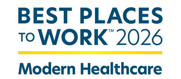 Best Places to Work 2026 Modern Healthcare" logo with blue and yellow text on a white background.