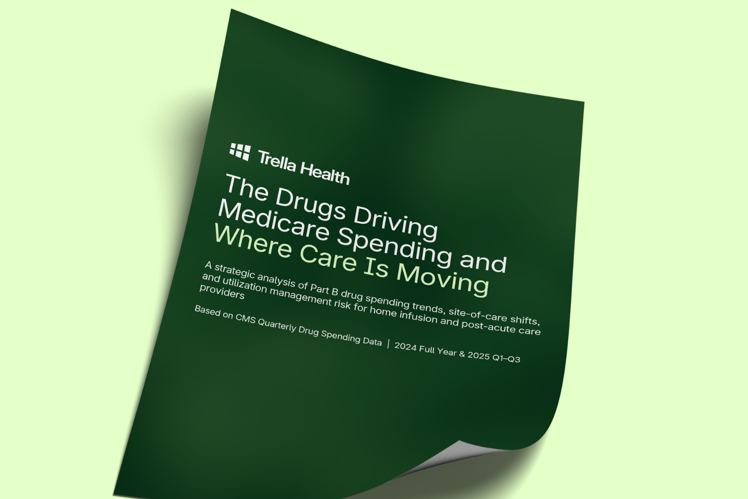 A green report cover titled "The Drugs Driving Medicare Spending and Where Care Is Moving" by Trella Health, featuring a description of its focus on drug spending trends and care shifts.