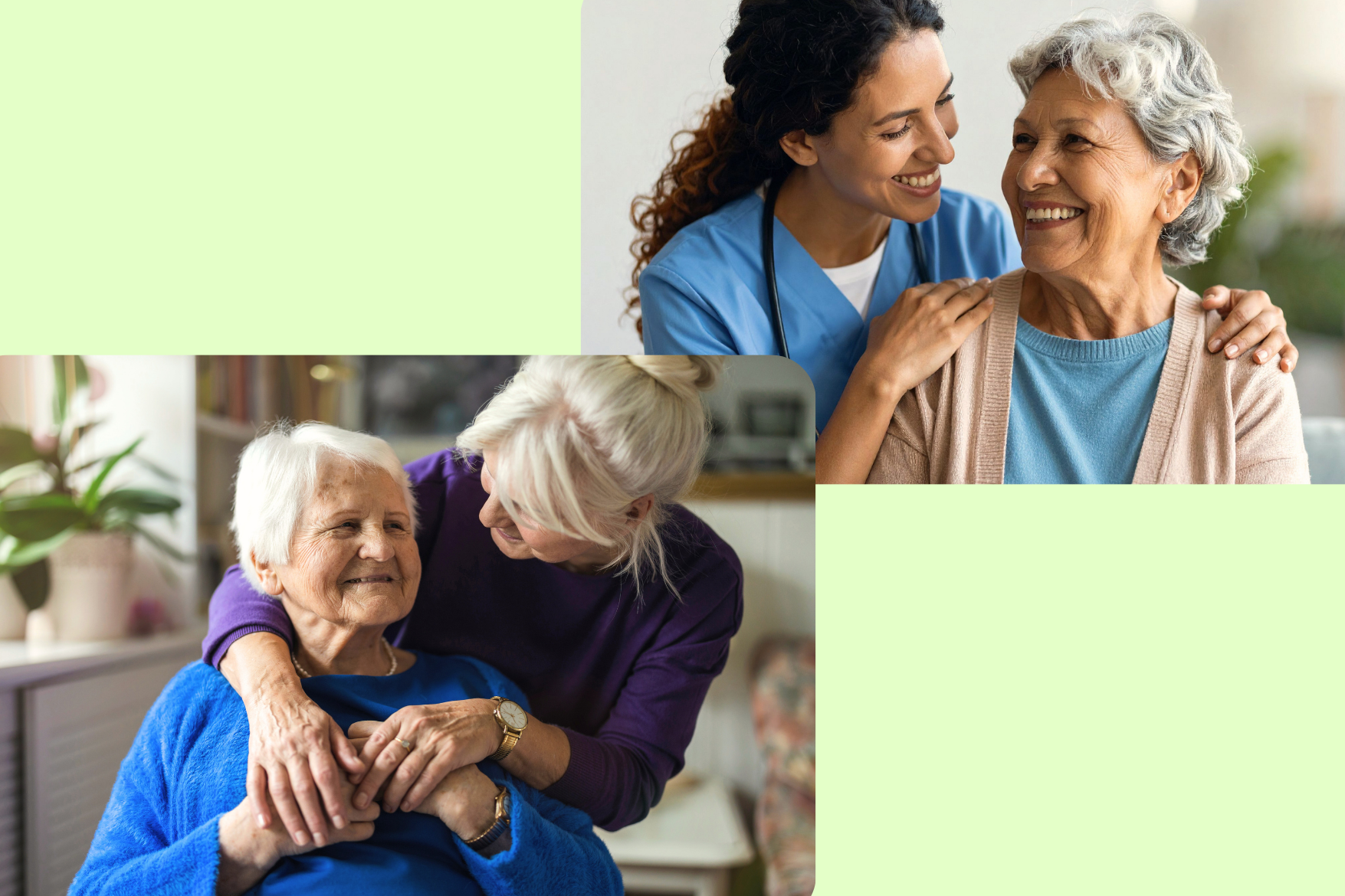 Two separate scenes show elderly women being comforted: one by a healthcare worker, and the other by a woman with gray hair, both in warmly lit, indoor settings.