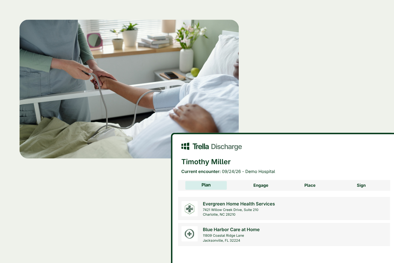 A healthcare worker checks a patient’s blood pressure in a hospital bed; an overlay shows a discharge plan with home health service options for Timothy Miller.