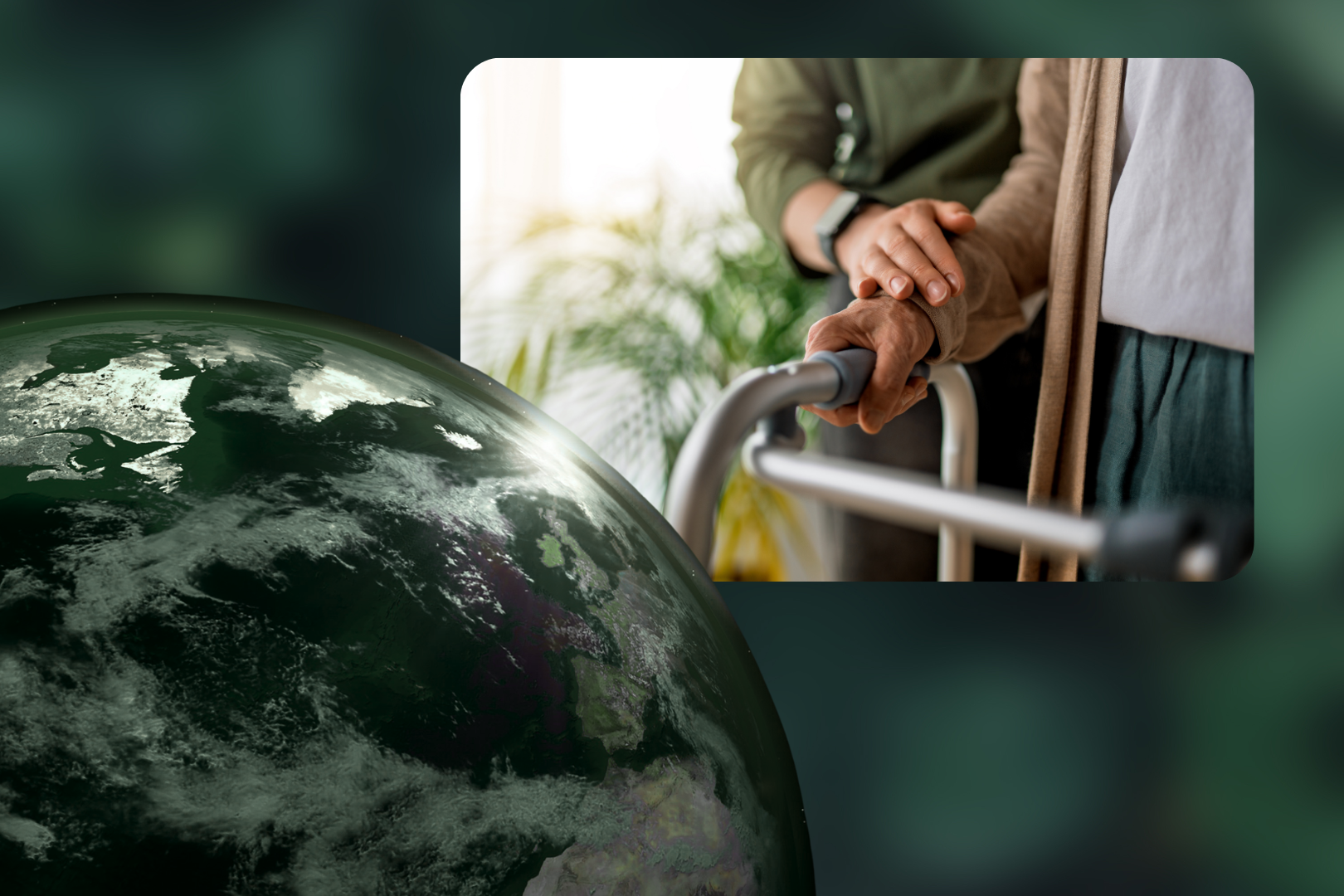 A close-up of a person using a walker with another hand resting supportively on theirs is shown above an image of earth.