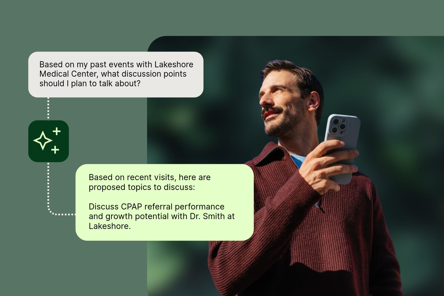 A man holding a smartphone next to a chat interface displaying a medical consultation prompt and a suggested discussion point about CPAP referrals at Lakeshore Medical Center.