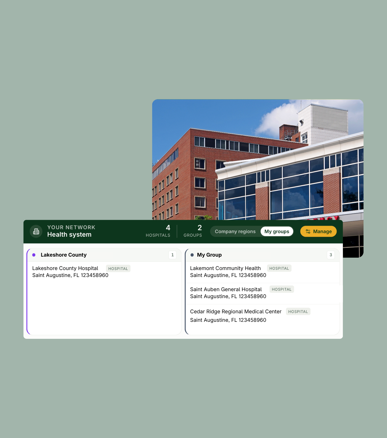 A hospital building is shown above two digital interface cards listing hospital groups and their details, including names and addresses.